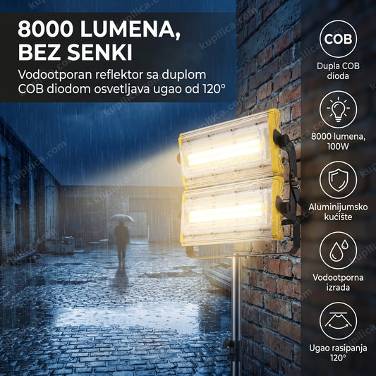 led reflektor 100w montiran na zidu dvorišta noću, benefiti proizvoda