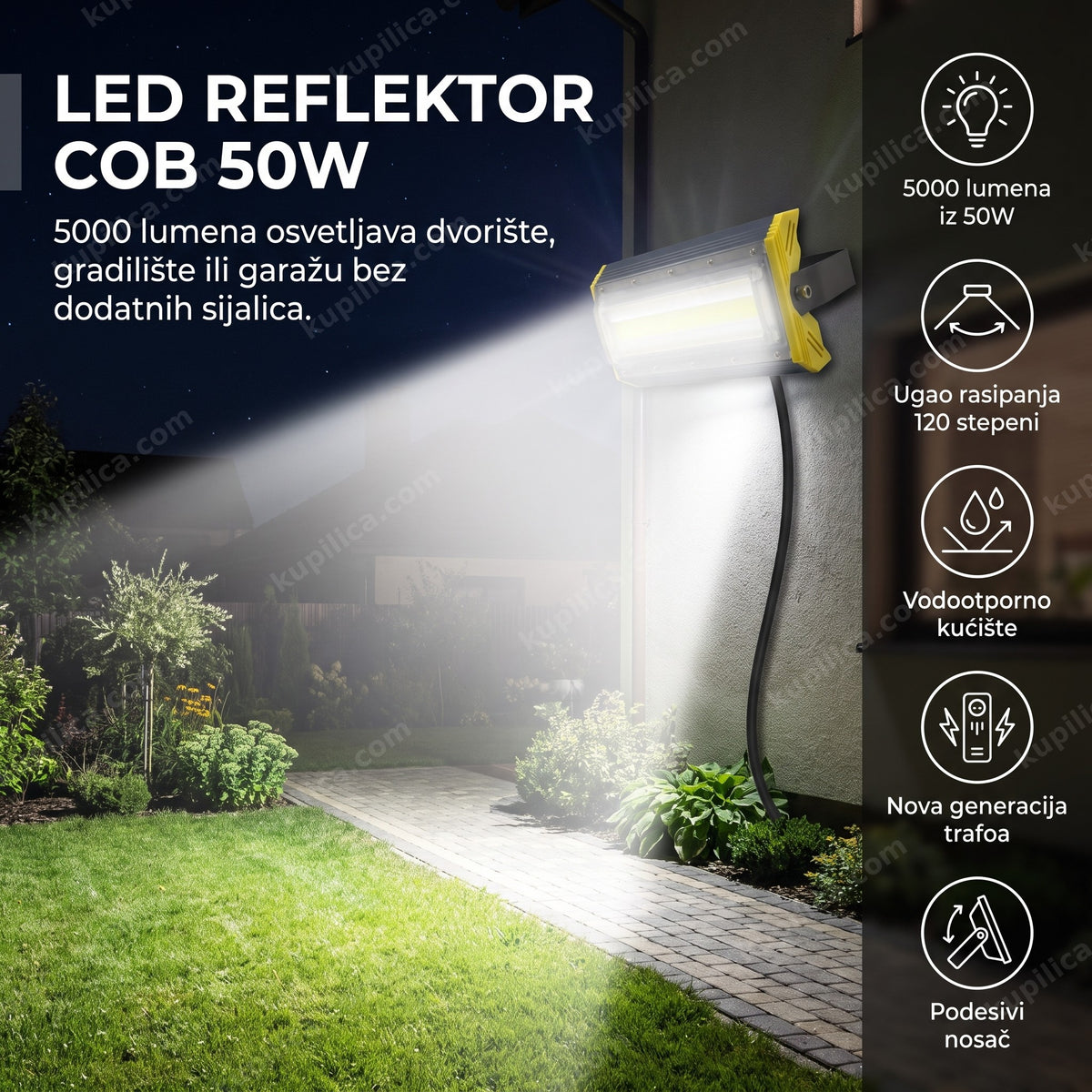 led reflektor cob 50w osvetljava fasadu i dvorište noću, benefiti proizvoda
