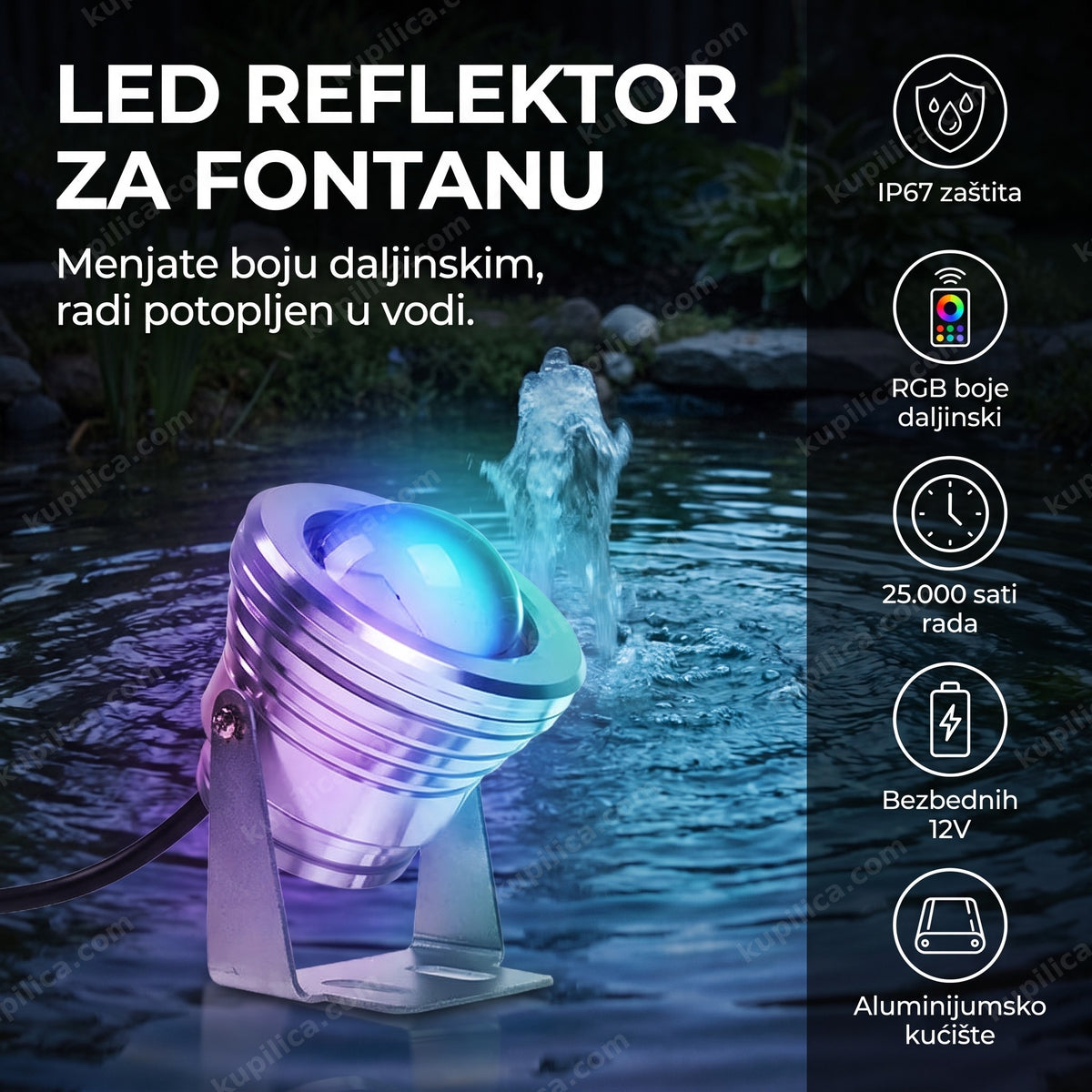 LED reflektor za fontanu osvetljava dvorište noću RGB bojama