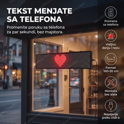 led reklama za izlog — crveni svetleći displej sa simbolom u izlogu radnje, benefiti proizvoda