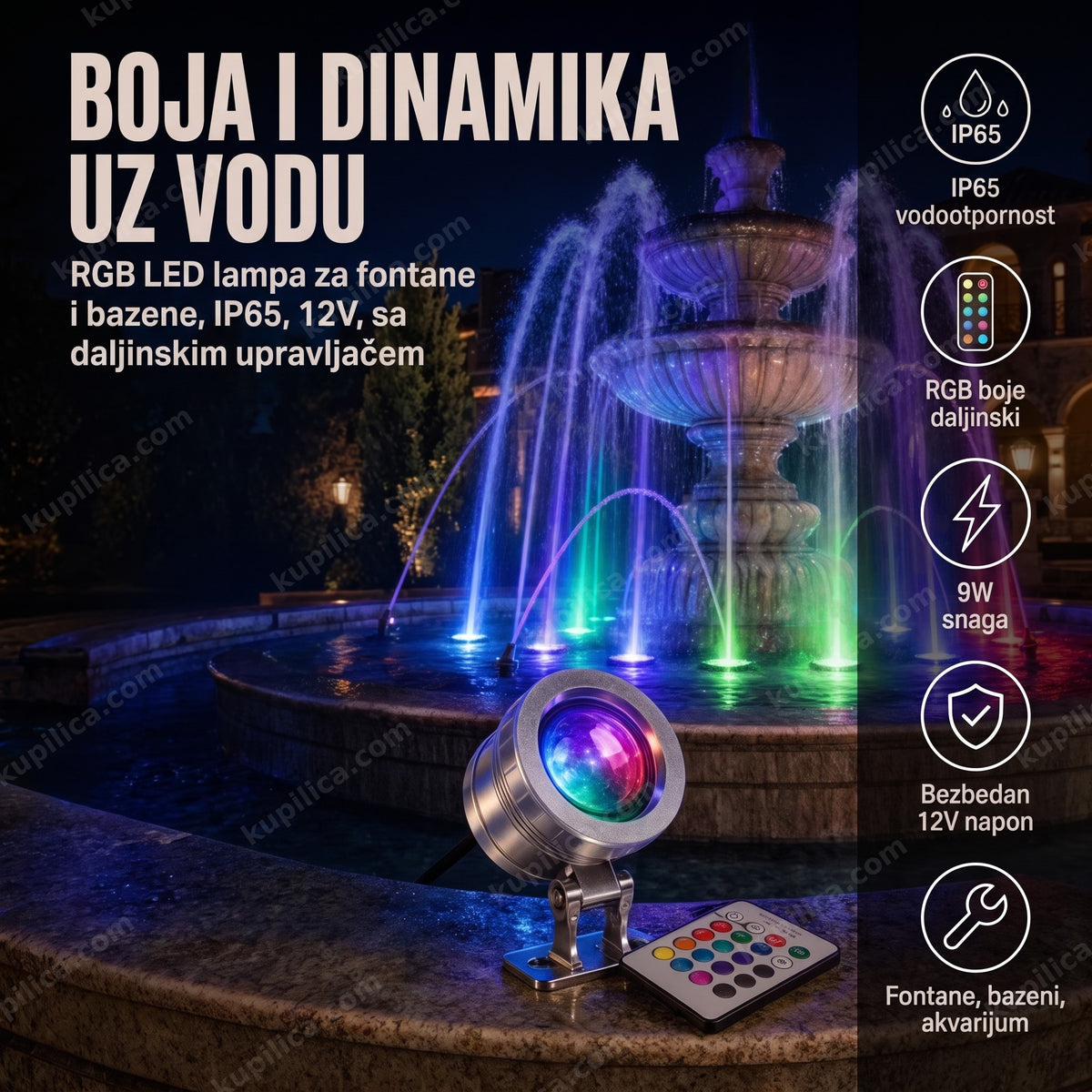 Led RGB lampa za fontanu 12V — reflektor pored osvetljene fontane sa daljinskim upravljačem