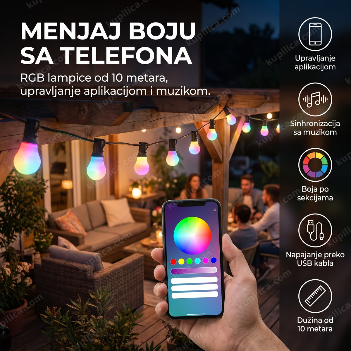 led rgb lampice za dekoraciju na terasi upravljane aplikacijom sa telefona, benefiti proizvoda