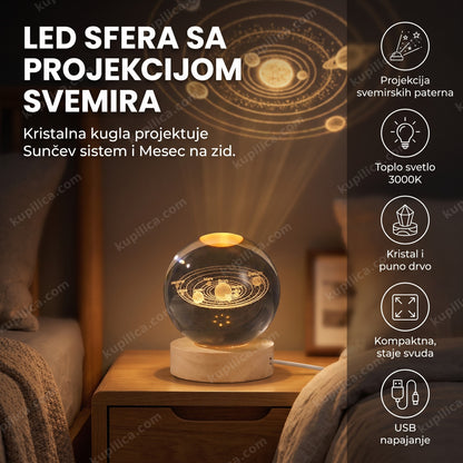 kristalna led sfera sa projekcijom svemira na plafonu zamračene sobe, benefiti proizvoda