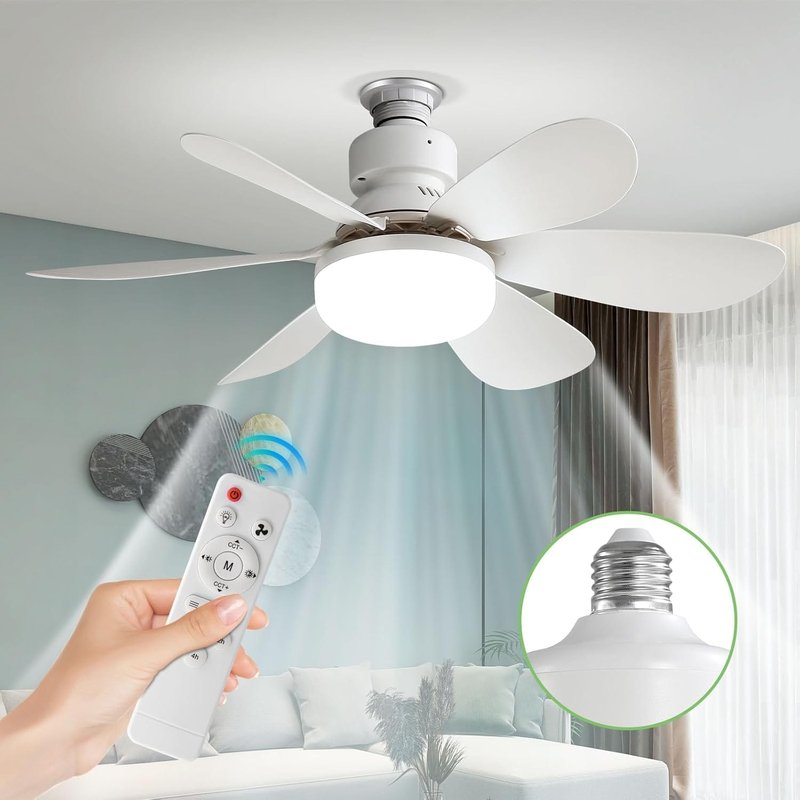 led sijalica sa ventilatorom montirana na plafon, daljinski upravljač u ruci