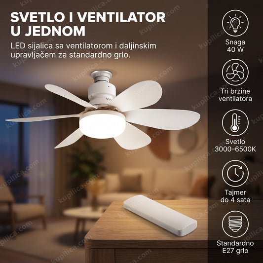 led sijalica sa ventilatorom upaljena na plafonu u spavaćoj sobi uveče