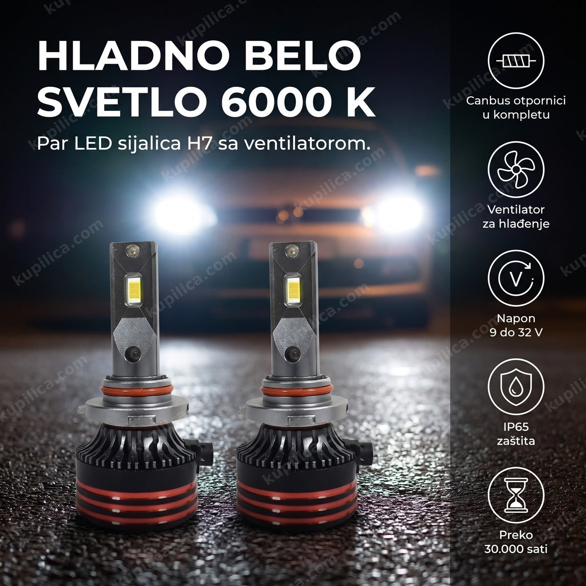 par led sijalica h7 canbus sa ventilatorom pred farom automobila noću