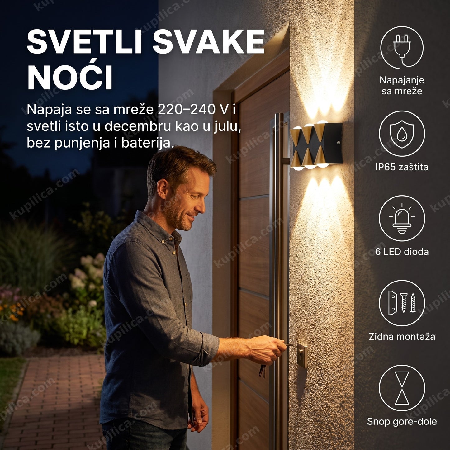 led spoljna zidna lampa na struju — bela lampa osvetljava ulazna vrata uveče, šest led dioda, snop svetla gore i dole