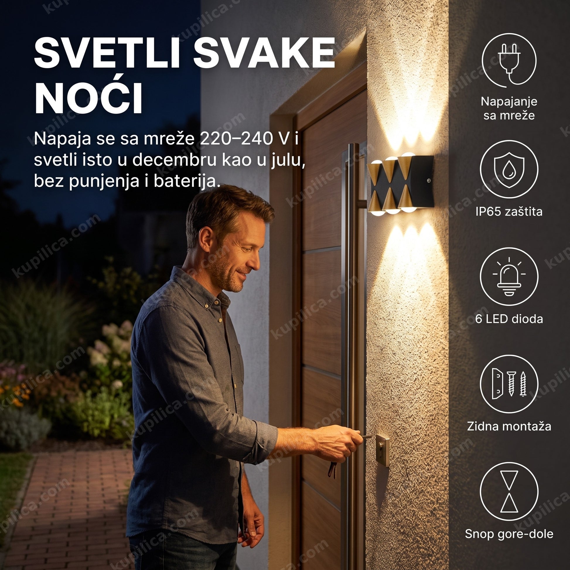 led spoljna zidna lampa na struju — bela lampa osvetljava ulazna vrata uveče, šest led dioda, snop svetla gore i dole