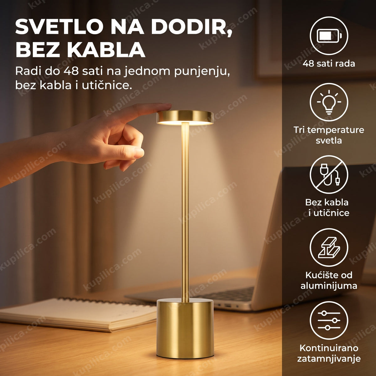 Zlatna LED stona lampa sa touch senzorom na radnom stolu uveče – benefiti proizvoda