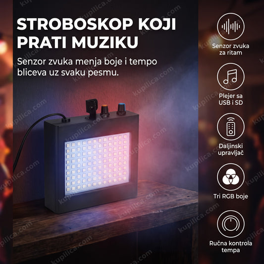 RGB LED stroboskop sa MP3 plejerom osvetljava zamračenu sobu u crvenoj i plavoj boji
