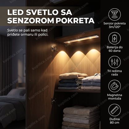 LED svetlo za ormar osvetljava policu iznutra dok se vrata otvaraju noću, benefiti proizvoda