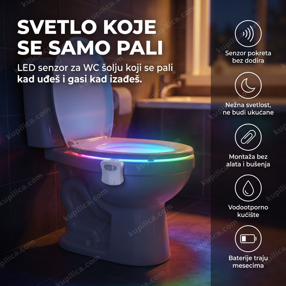 led svetlo za wc šolju sa rgb bojama u mračnom kupatilu, benefiti proizvoda