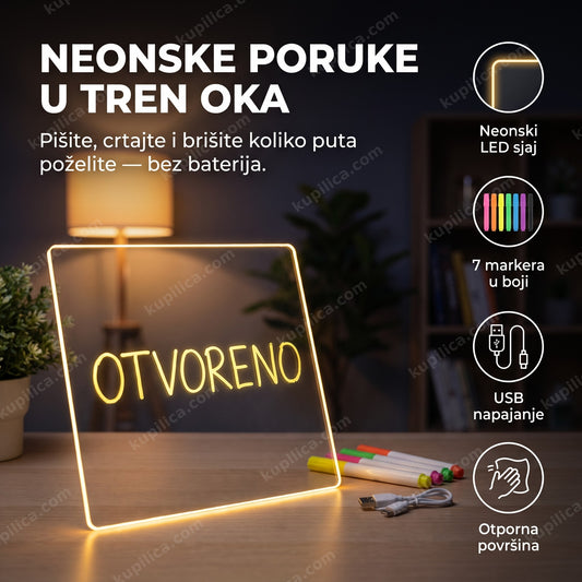 led tabla sa fluorescentnim markerima na stolu, neonska poruka OTVORENO, benefiti proizvoda