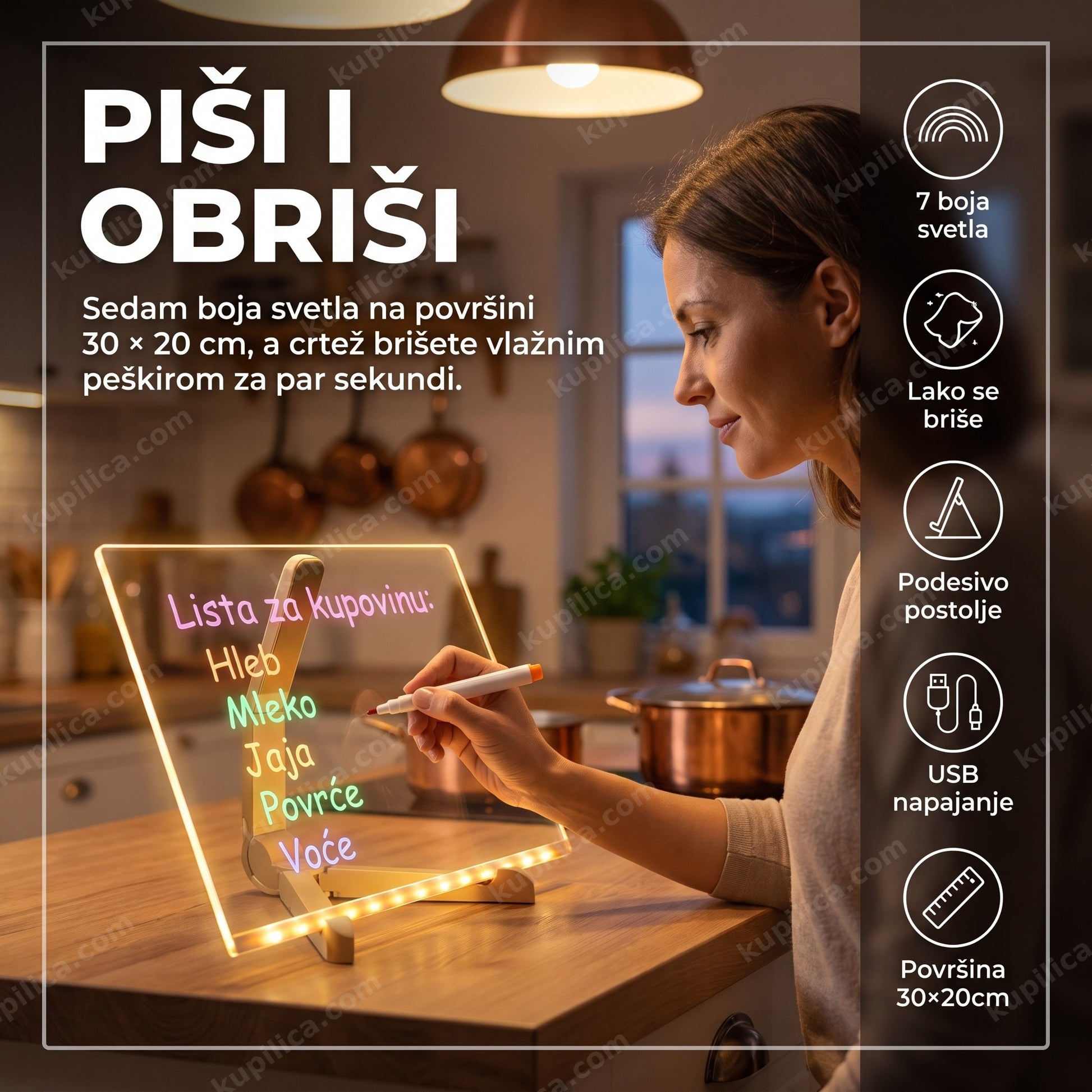 led tabla za crtanje — odrasla osoba piše spisak markerom na led tabli u kuhinji uveče, sedam boja svetla, lako se briše