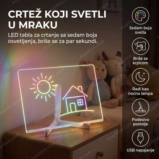 led tabla za crtanje sa nacrtanim suncem i kućicom u dečjoj sobi uveče