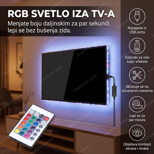 led traka za tv rgb 3m sa daljinskim upravljačem iza televizora u zamračenoj dnevnoj sobi, benefiti proizvoda