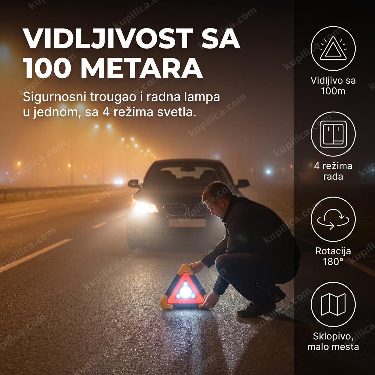 led trougao za auto na putu noću, benefiti proizvoda