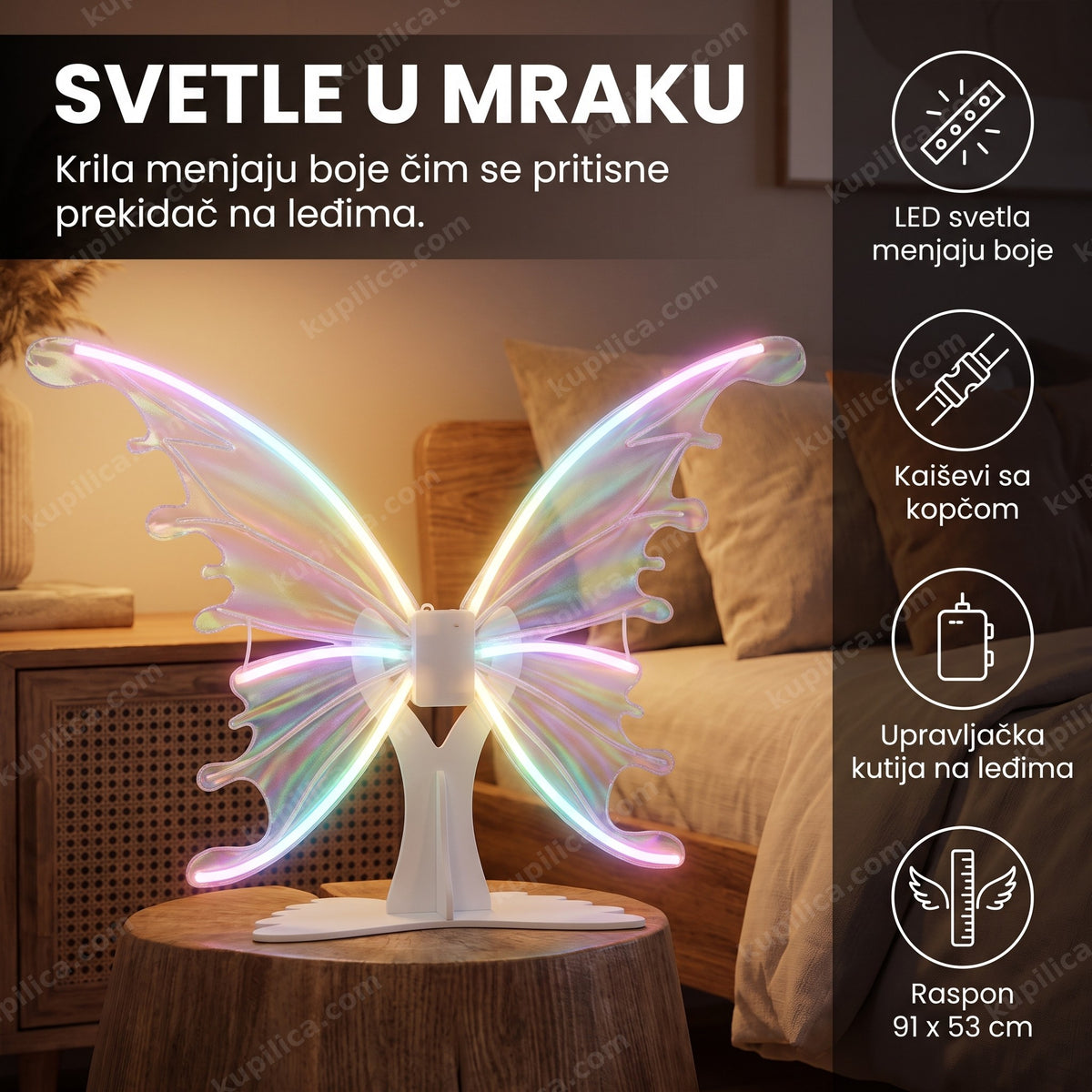 led vilinska krila za devojčice izložena na stalku sa prikazom benefita proizvoda
