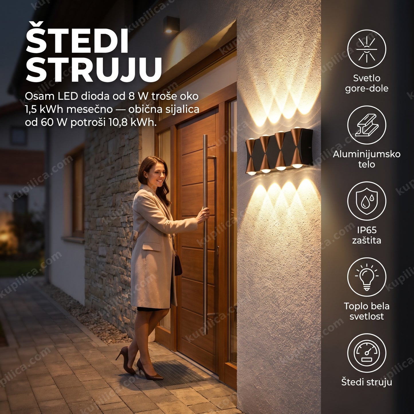 led zidna lampa dvosmerno osvetljenje — aluminijumska lampa na fasadi baca svetlo gore i dole pored ulaznih vrata uveče