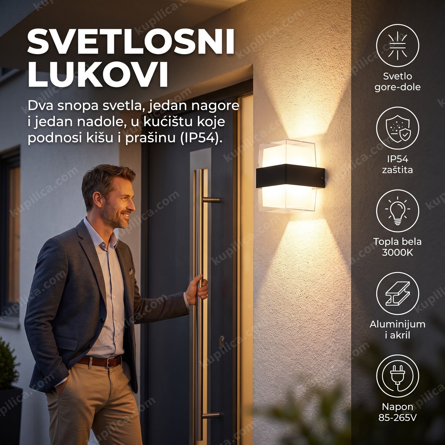 led zidna lampa v1278-k — lampa montirana na fasadu pored ulaznih vrata uveče, svetlo ide gore i dole, topla bela 3000k