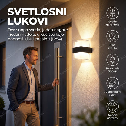 led zidna lampa v1278-k — lampa montirana na fasadu pored ulaznih vrata uveče, svetlo ide gore i dole, topla bela 3000k