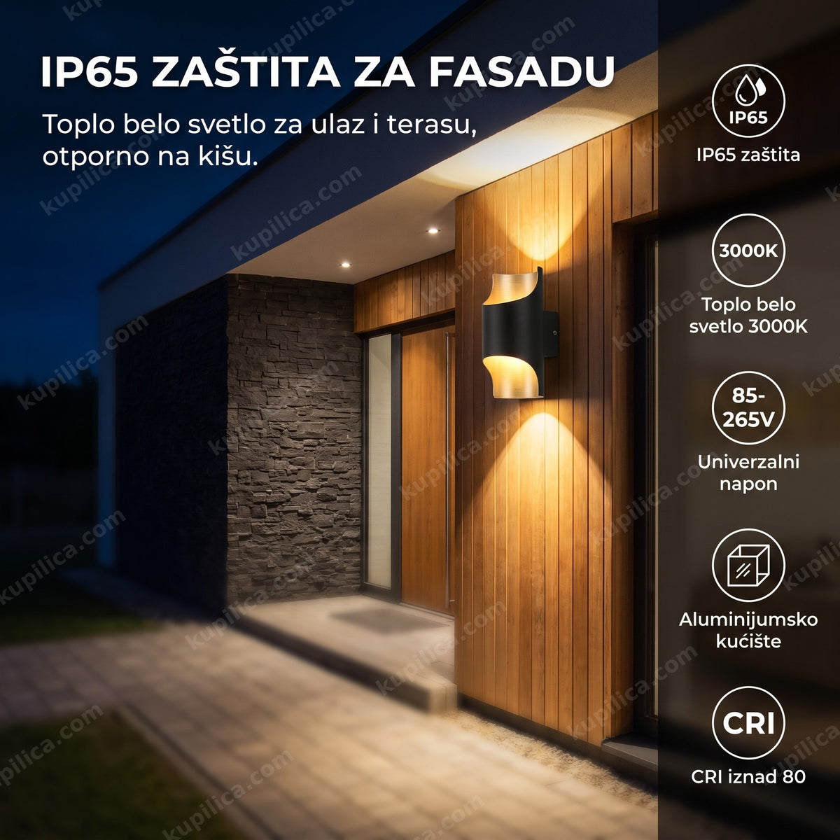 Crna LED zidna lampa za fasadu moderne kuće sa drvenom oblogom uveče
