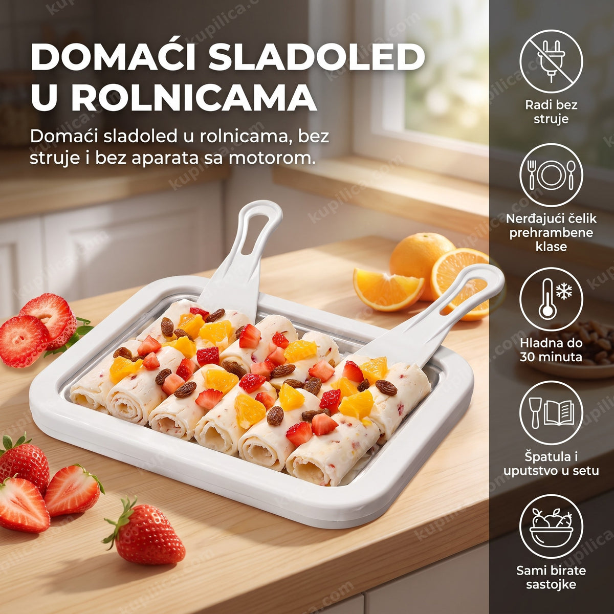 ledena tačna za sladoled sa rolnicama sladoleda i voćem u kuhinji, benefiti proizvoda
