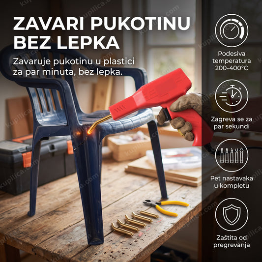 Lemilica za popravku plastike sa pet nastavaka na radnom stolu, prikaz benefita proizvoda