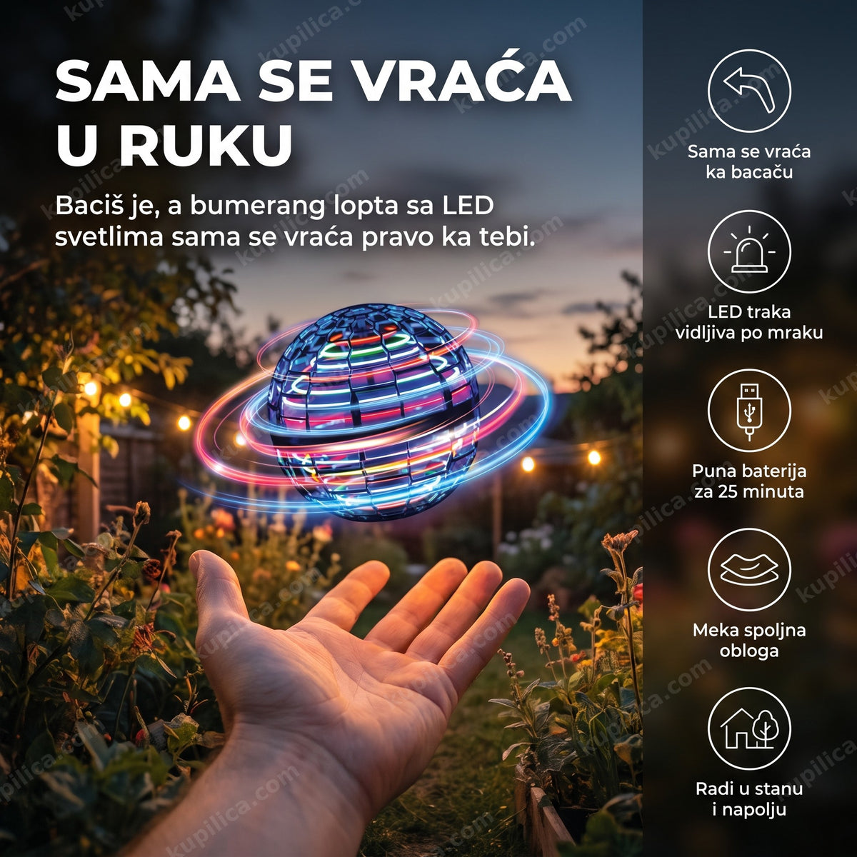 leteća bumerang lopta koja svetli u ruci odrasle osobe uveče, benefiti proizvoda