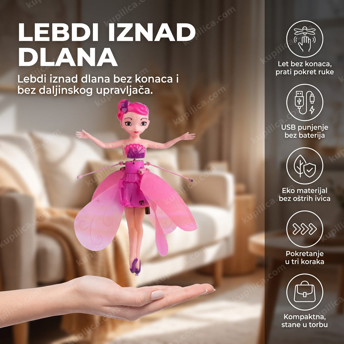 leteća lutka princeza lebdi iznad dlana odrasle osobe, benefiti proizvoda