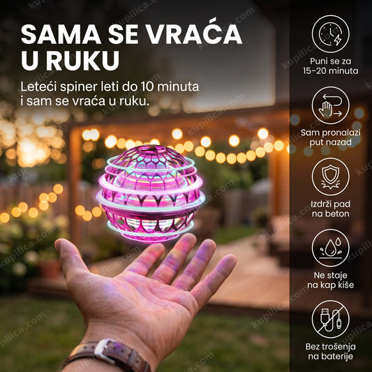 leteći spiner sa led svetlom lebdi iznad odrasle ruke u dvorištu u sumrak, benefiti proizvoda