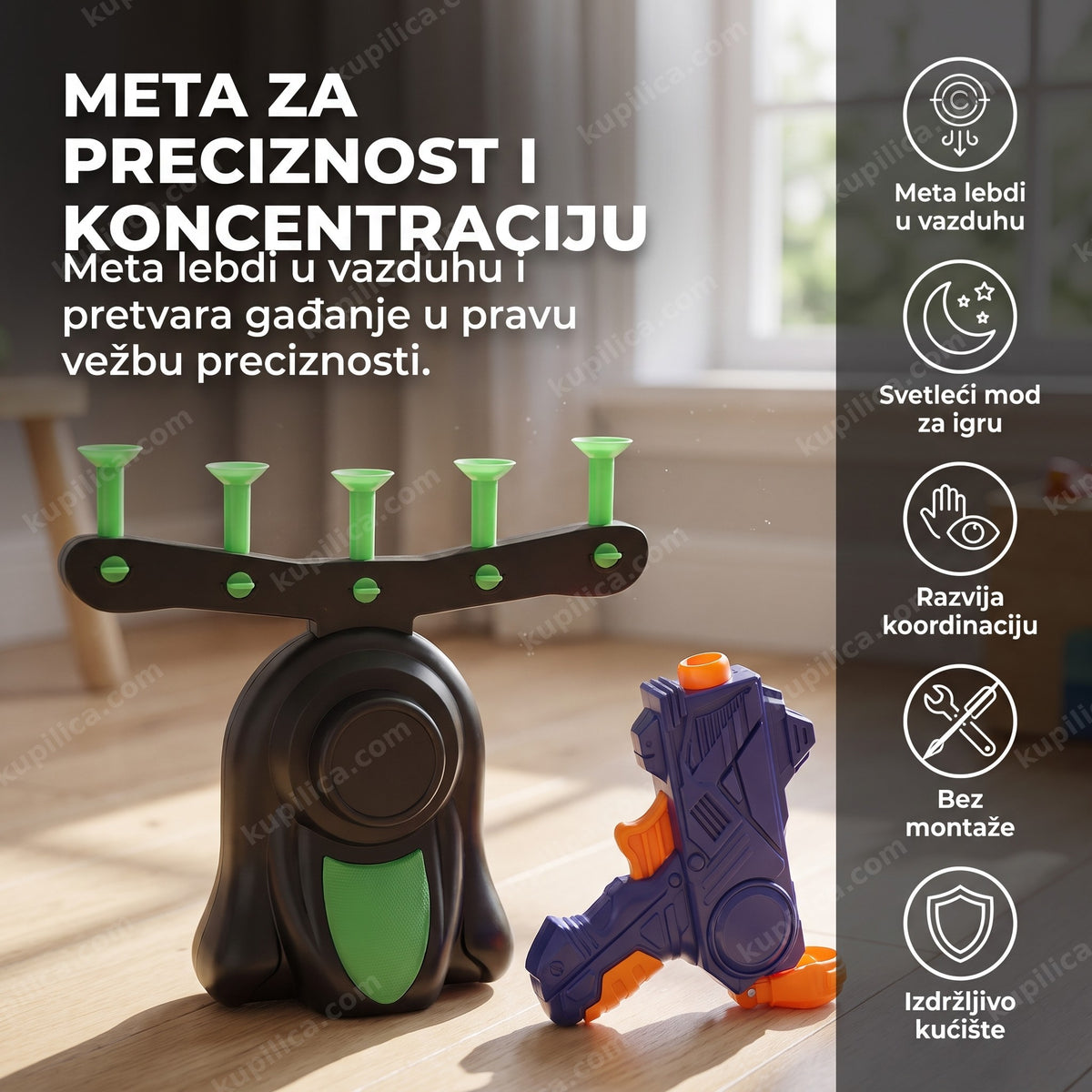 Crno-zelena levitirajuća meta sa gađalom za decu i benefiti proizvoda