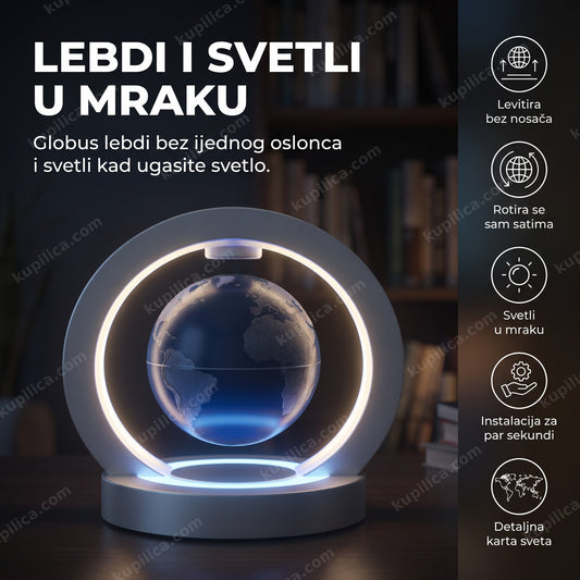 Levitirajući globus Zemlje koji svetli u mraku sa prikazom benefita proizvoda