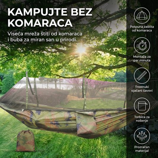 ležaljka ljuljaška za drvo sa komarnikom obešena između drveća u prirodi, benefiti proizvoda