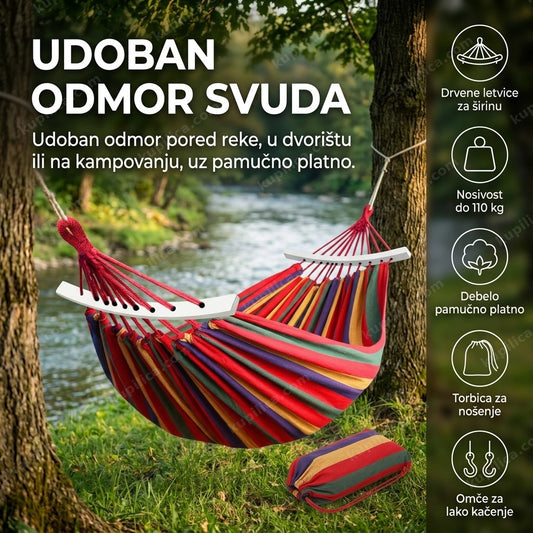 ležaljka za drvo sa drvenim letvicama u šarenim prugama obešena u dvorištu, benefiti proizvoda