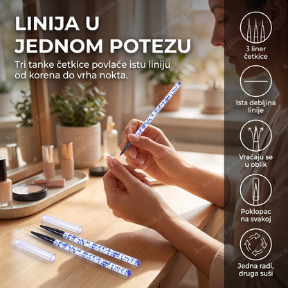 set liner četkica za nail art — žena crta tanke linije na noktima, tri četkice sa poklopcima