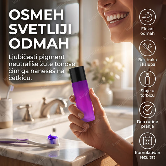ljubičasti serum za izbeljivanje zuba — nasmejana osoba drži ljubičastu bočicu seruma u kupatilu, benefiti proizvoda