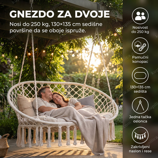 Ljuljaška gnezdo za dvoje boho u dvorištu sa prikazom benefita proizvoda