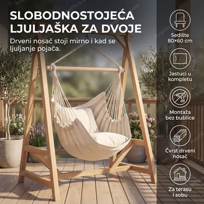 bež viseća ljuljaška sa drvenim nosačem i jastucima na drvenoj terasi