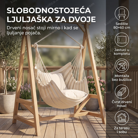 bež viseća ljuljaška sa drvenim nosačem i jastucima na drvenoj terasi