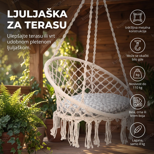 ljuljaška za terasu okačena na drvenoj konstrukciji, prikaz benefita proizvoda