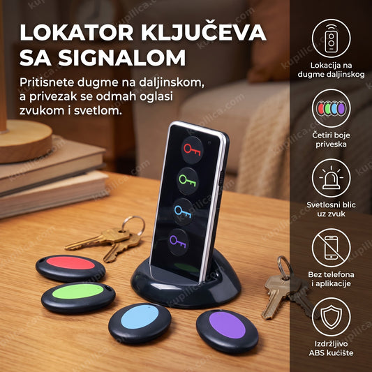 crni lokator ključeva sa daljinskim i četiri privezka u boji na stolu, benefiti proizvoda