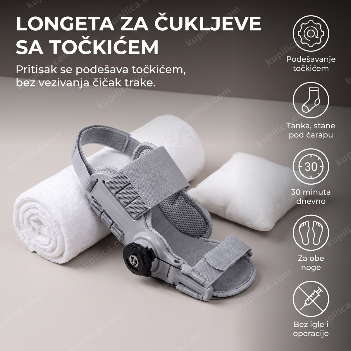 Longeta za čukljeve sa točkićem na neutralnoj podlozi uz medicinski peškir