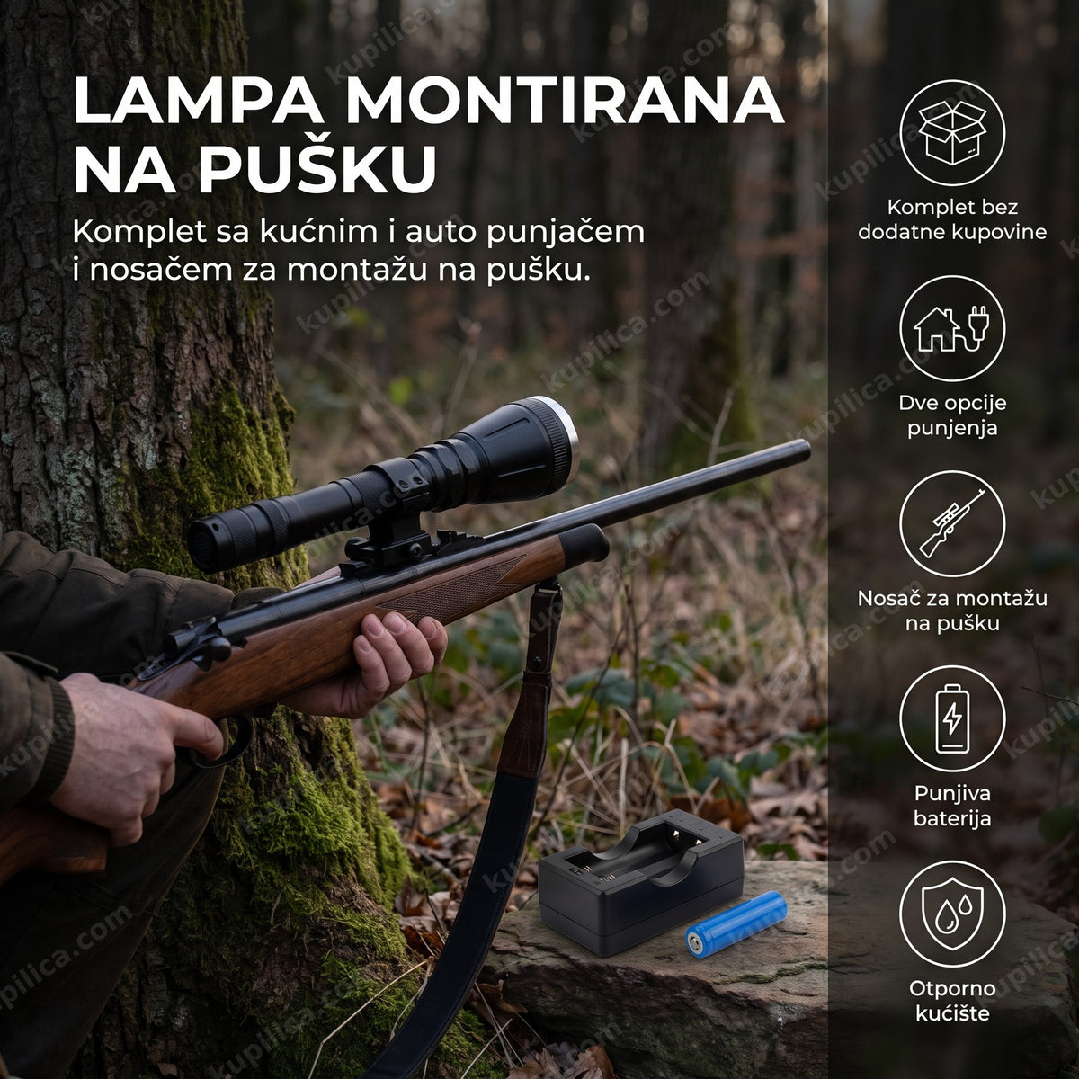 crna lovačka lampa montirana na pušku u prirodi u sumrak, benefiti proizvoda