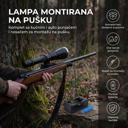 crna lovačka lampa montirana na pušku u prirodi u sumrak, benefiti proizvoda