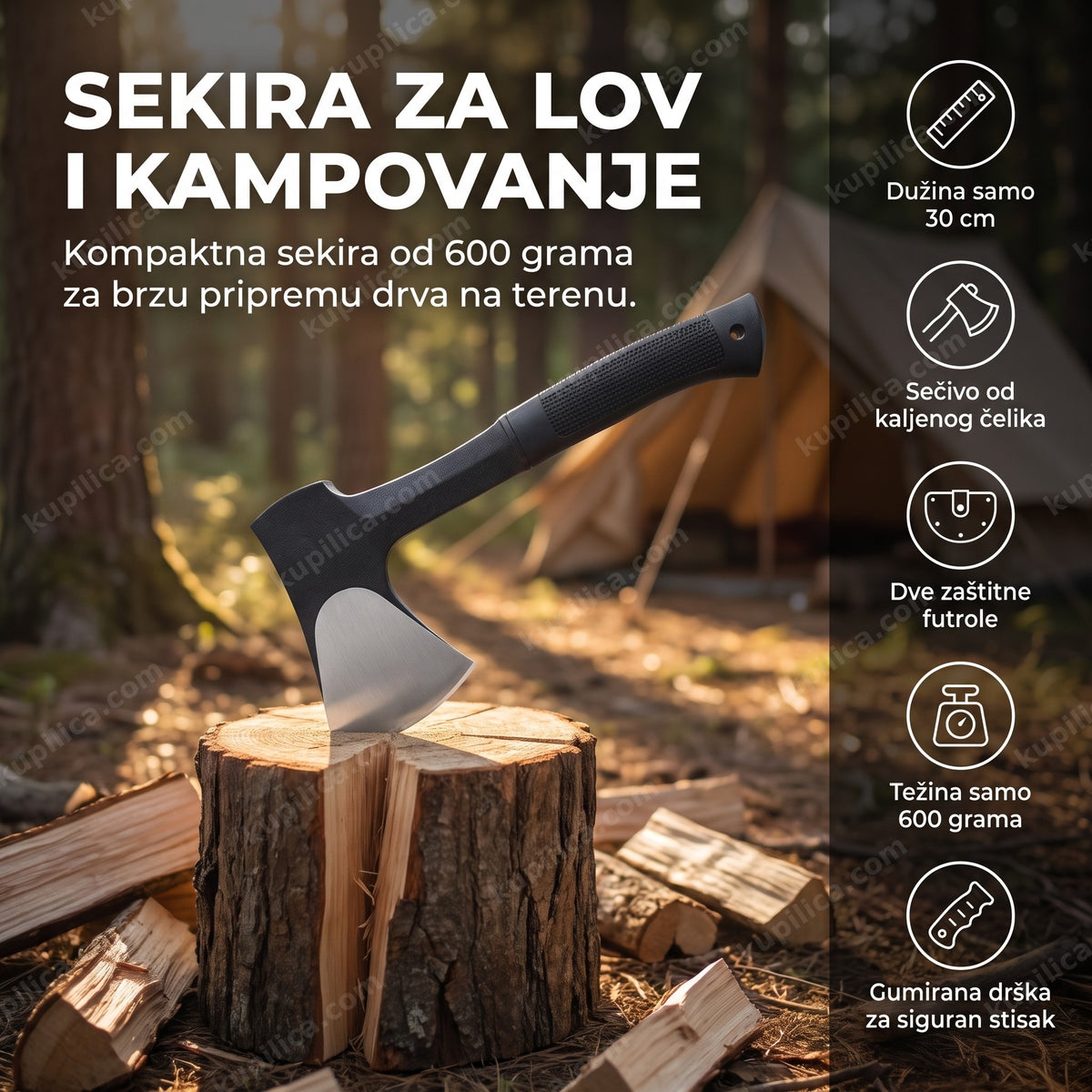 kompaktna lovačka sekira za kampovanje zabodena u drvo pored logorske vatre, benefiti proizvoda