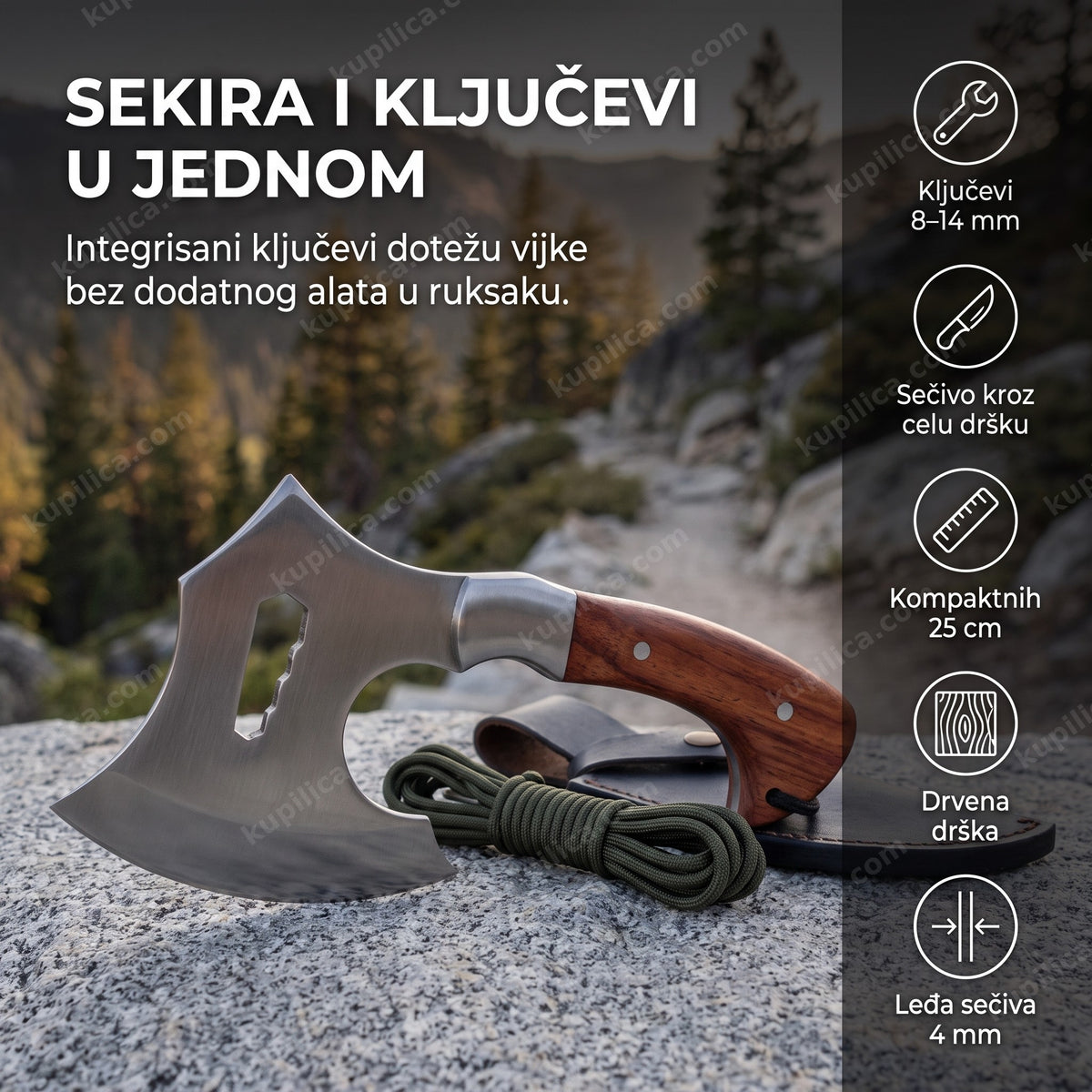lovačka sekirica sa integrisanim ključevima položena na kamenu pored planinarske staze