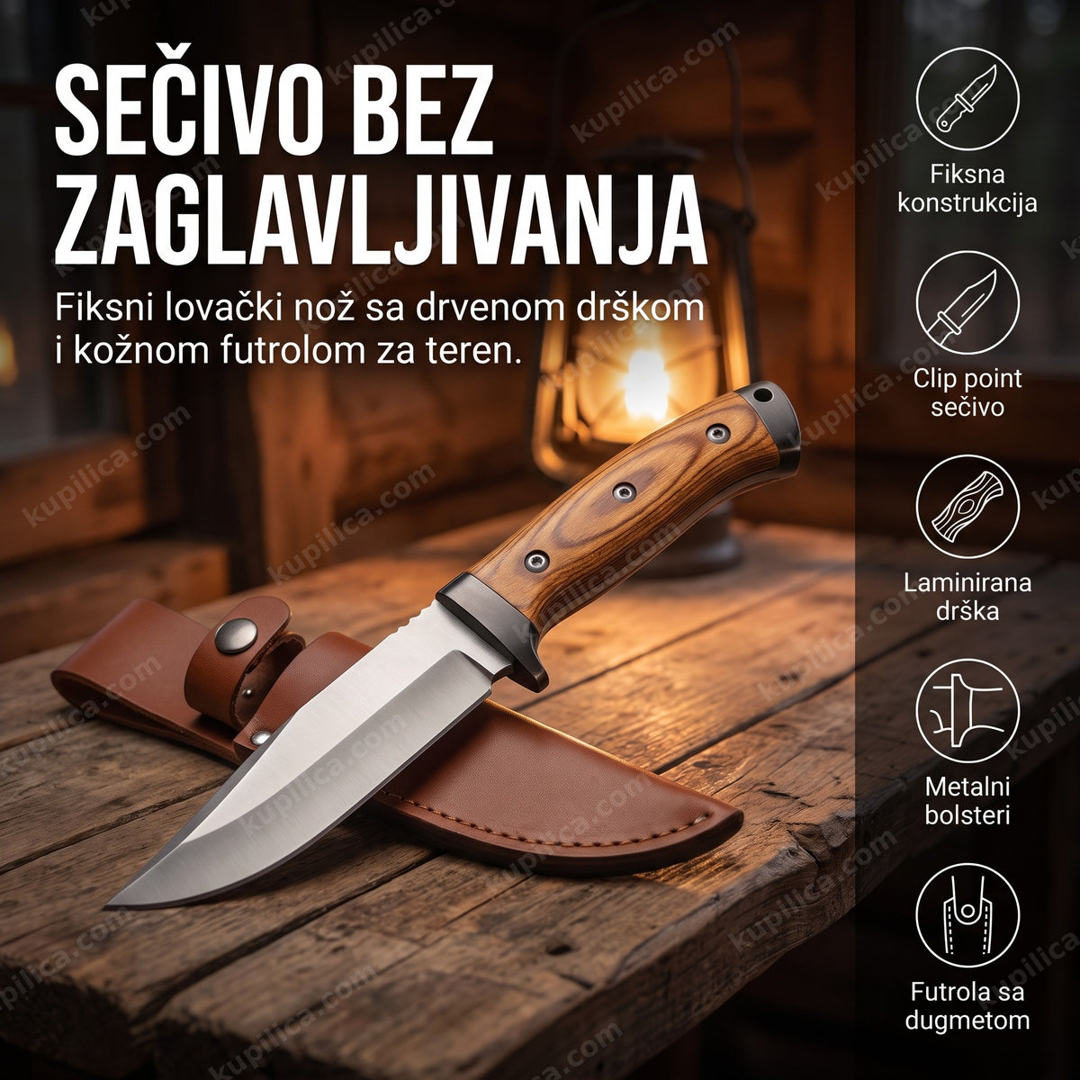 Lovački nož sa drvenom drškom i kožnom futrolom na drvenoj tezgi uz fenjer