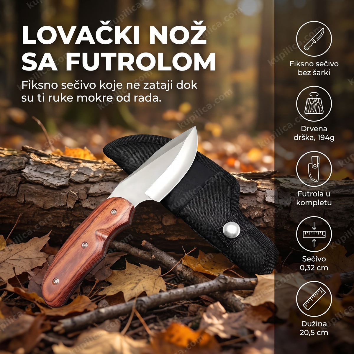 Lovački nož sa drvenom drškom i futrola na jesenjem lišću u šumi