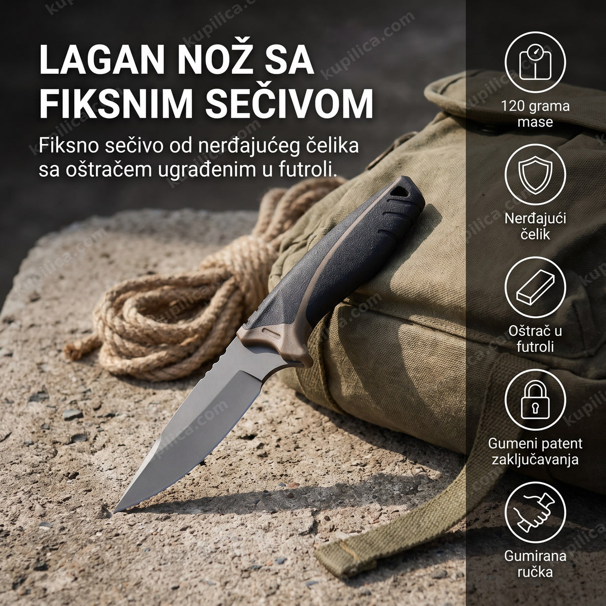 lovački nož sa fiksnim sečivom pored vojničkog ranca i konopca na betonu